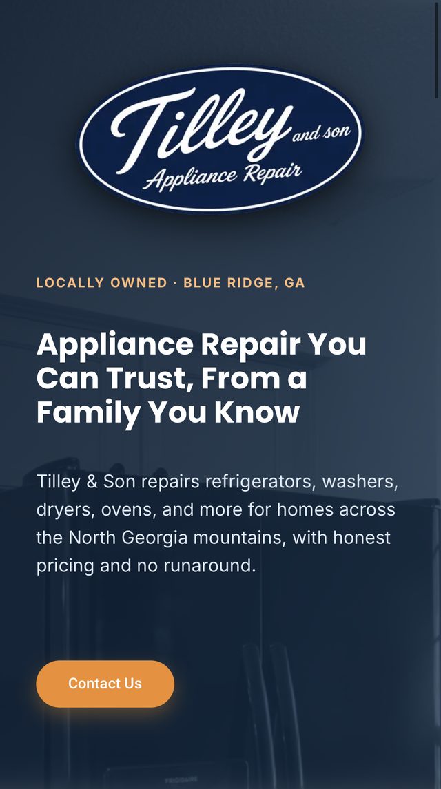 Tilley & Son Appliance Repair homepage on an iPhone